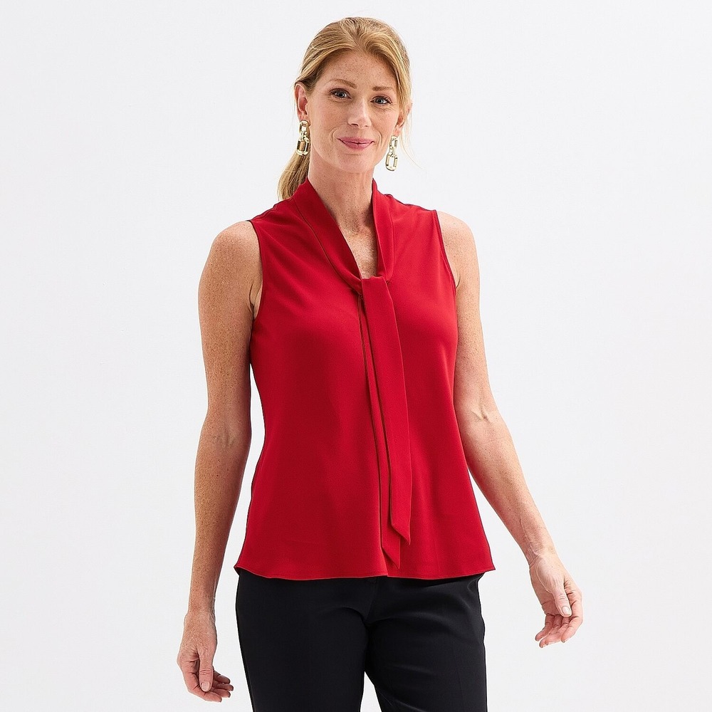 MSRP $49 Black Label by Evan-Picone Womens M Fire Red Split Tie Neck Blouse